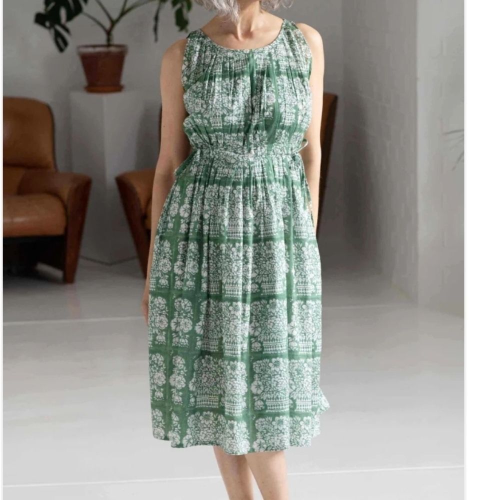 Lazy Bones Green White Organic Cotton Sustainable Midi Classic Boho Dress Nwt